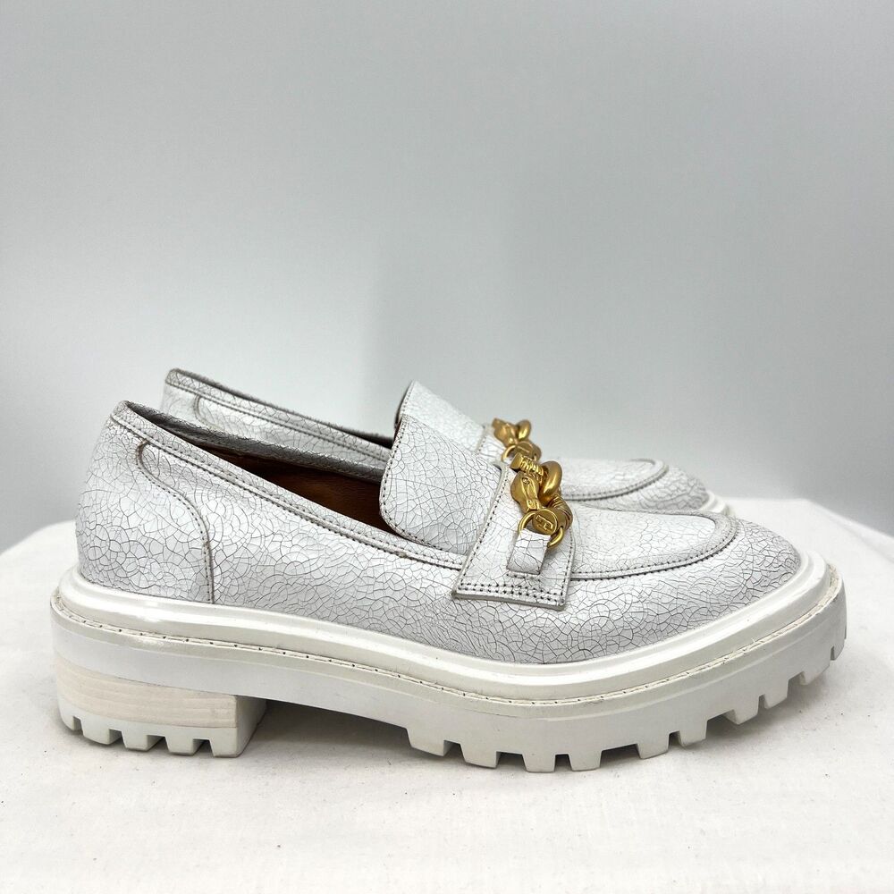 Tory Burch Jessa White Crackle Leather Gold Horse Bit Lug Sole Loafers Sz 7M